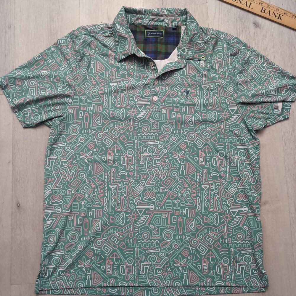 William Murray Men's Size Large Green/Pink Martini Umbrella Golf Shirt